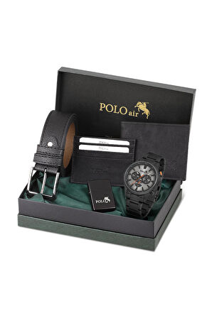 Erkek Set Kombin Kemer Cüzdan Kartlık Çakmak Kol Saati Hediyelik Kutusunda Siyah Set PL-0976E1