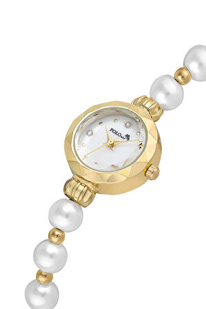 Zarif İnci Görünümlü Kadın Kol Saati Gold Beyaz Renk PL-1530B1x