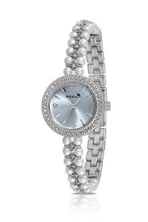 İnci Taşlı Görünümlü Kordon Kadın Kol Saati Beyaz Gümüş Mavi Renk Pl-1528b5x