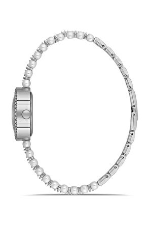 İnci Taşlı Görünümlü Kordon Kadın Kol Saati Beyaz Gümüş Mavi Renk Pl-1528b5x