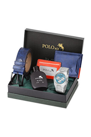 Erkek Kol Saati Cüzdan Kemer Kartlık Parfüm Set Kombin Lacivert Gümüş Renk PL-0999E2