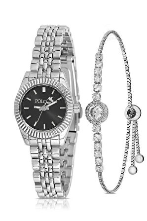 Zarif Kadın Kol Saati Zirkon Taşlı Yuvarlak Bileklik Kombin Gümüş Siyah Renk PL-1553B5