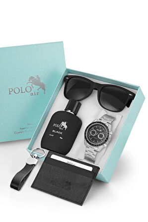 Erkek Kol Saati Gözlük Parfüm Kartlık Anahtarlık Kombin Gümüş Siyah Renk PL-7009E3