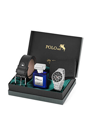 Erkek Set Kombin Kemer Cüzdan Parfüm Kol Saati Hediyelik Kutusunda Siyah Set PL-0968E7