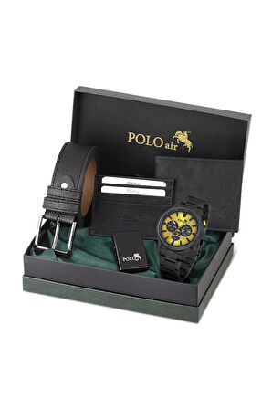 Erkek Set Kombin Kemer Cüzdan Kartlık Çakmak Kol Saati Hediyelik Kutusunda Siyah Set PL-0976E4
