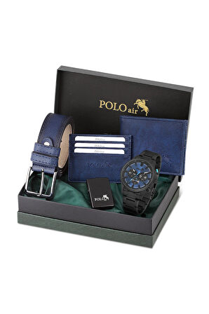 Erkek Set Kombin Kemer Cüzdan Kartlık Çakmak Kol Saati Hediyelik Kutusunda Lacivert Set PL-0976E2