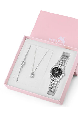 Zarif Kadın Kol Saati Zirkon Taşlı Kare Kolye Bileklik Kombin Gümüş Siyah Renk ST-2163S5
