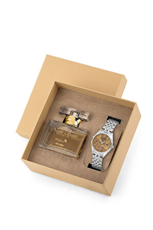 Spor Kadın Kol Saati Parfüm Seti Hediyelik Kutusunda Kombin Gümüş Kahve Renk ST-2178S5