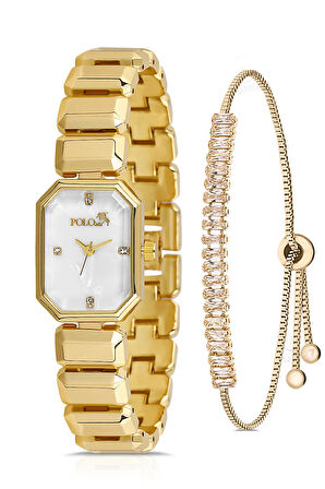 Zarif Dikdörtgen Kasa Kadın Kol Saati Zirkon Taşlı Baget Bileklik Kombin Gold Renk PL-1532B1