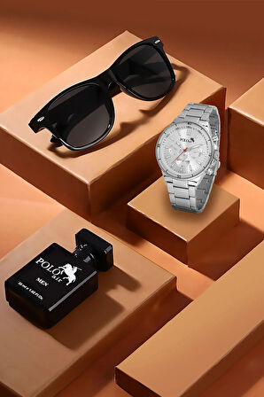 Premium Set Kombin Erkek Kol Saati Parfüm Gözlük Set Gümüş Renk PL-7013E4