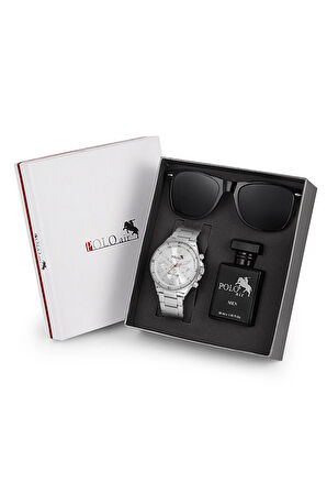 Premium Set Kombin Erkek Kol Saati Parfüm Gözlük Set Gümüş Renk PL-7013E4