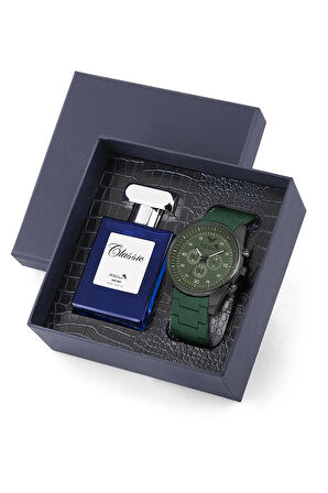 Erkek Silikon Kordon Kol Saati Ve 55ml Parfüm Seti Hediyelik Kutusunda Kombin Yeşil Renk PL-0982E3