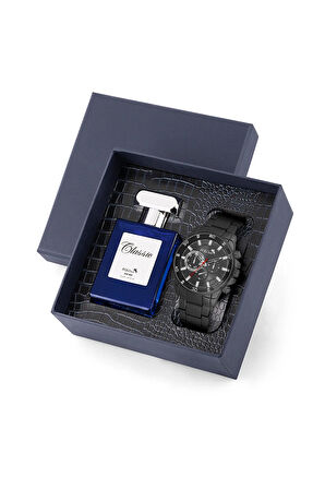 Erkek Kol Saati 55ml Parfüm Hediyelik Kutusunda Kombin Siyah Renk PL-7016E1