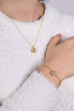 Baklava Desen Kadın Kol Saati Zirkon Taşlı Yuvarlak Kolye Bileklik Kombin Gold Renk ST-2161S1