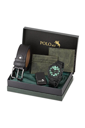 Erkek Set Kombin Kemer Cüzdan Kartlık Çakmak Kol Saati Hediyelik Kutusunda Yeşil Set PL-0976E3