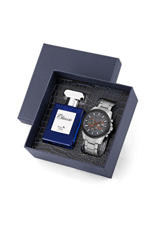 Erkek Kol Saati 55ml Parfüm Hediyelik Kutusunda Kombin Gümüş Gri Renk PL-7010E3