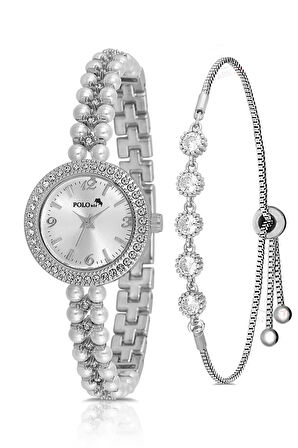İnci Taşlı Görünümlü Kadın Kol Saati Zirkon Taşlı 5 Taş Bileklik Kombin Beyaz Gümüş Renk PL-1528B2