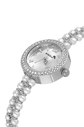 İnci Taşlı Görünümlü Kadın Kol Saati Zirkon Taşlı 5 Taş Bileklik Kombin Beyaz Gümüş Renk PL-1528B2