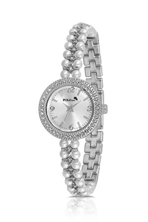 İnci Taşlı Görünümlü Kadın Kol Saati Zirkon Taşlı 5 Taş Bileklik Kombin Beyaz Gümüş Renk PL-1528B2