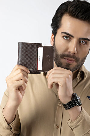 Erkek Kol Saati Dama Desen Cüzdan Kemer Kartlık Parfüm Kombin Set Gümüş Kahverengi Renk PL-0992E3