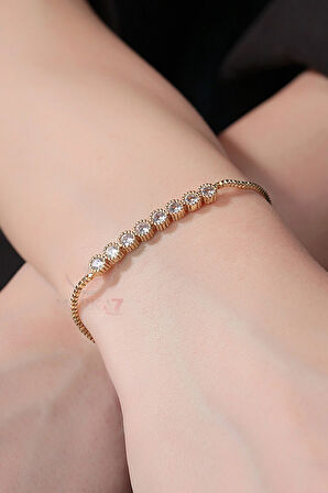 Minik Rakamlı Kadın Kol Saati Zirkon Taşlı Su Yolu Bileklik Kombin Gold Renk PL-1541B1