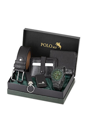 Erkek Kemer Cüzdan Kartlık Çakmak Anahtarlık Kol Saati Hediyelik Kutusunda Siyah Set PL-0962E3
