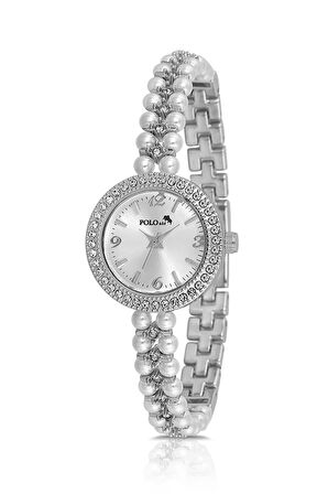 İnci Taşlı Görünümlü Kordon Kadın Kol Saati Beyaz Gümüş Renk Pl-1528b2x
