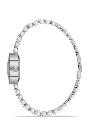 İnci Taşlı Görünümlü Kordon Kadın Kol Saati Beyaz Gümüş Renk Pl-1528b2x