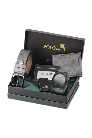 Takvimli Erkek Kol Saati Cüzdan Kemer Kartlık Çakmak Kombin Gri Siyah Renk PL-0985E3