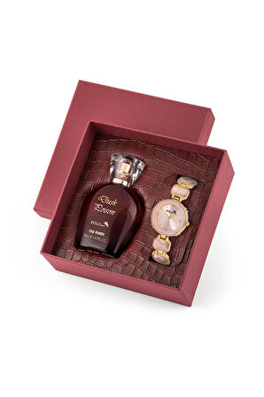 Lüx Taşlı Kadın Kol Saati Parfüm Bordo Hediyelik Kutsunda Set Pembe Gold Renk ST-2173S3