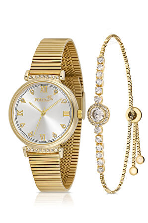 Klasik Kadın Kol Saati Zirkon Taşlı Yuvarlak Bileklik Kombin Gold Renk PL-1554B1