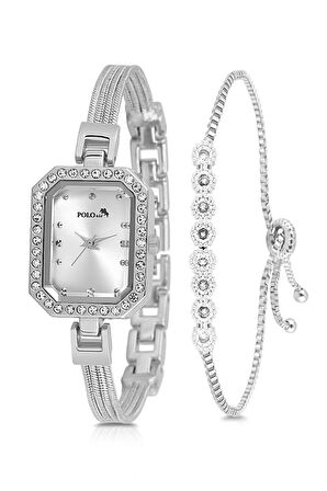 Hasır Metal Kordon Kadın Kol Saati Zirkon Taşlı Su Yolu Bileklik Kombin Gümüş Renk PL-1545B2