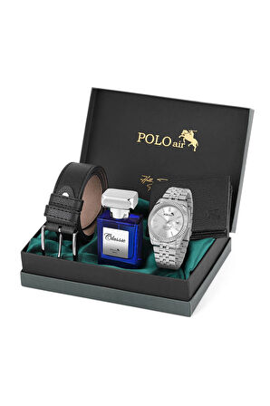 Mercek Takvimli Erkek Kol Saati Cüzdan Kemer 55 ml Parfüm Kombin Gümüş Renk PL-0988E3