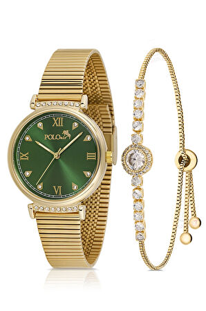 Klasik Kadın Kol Saati Zirkon Taşlı Yuvarlak Bileklik Kombin Gold Yeşil Renk PL-1554B9