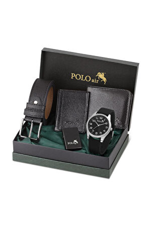 Erkek Set Kombin Kemer Cüzdan Kartlık Çakmak Kol Saati Hediyelik Kutusunda Siyah Set PL-0977E1