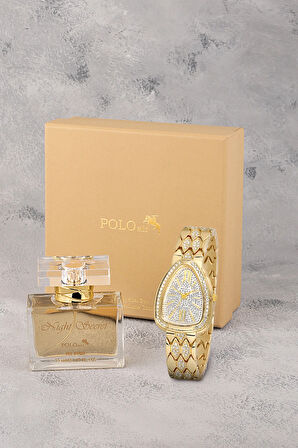 Yılan Desen Kol Saati Parfüm Seti Hediyelik Kutusunda Kombin Gold Renk ST-2179S1