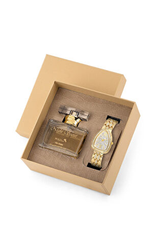 Yılan Desen Kol Saati Parfüm Seti Hediyelik Kutusunda Kombin Gold Renk ST-2179S1