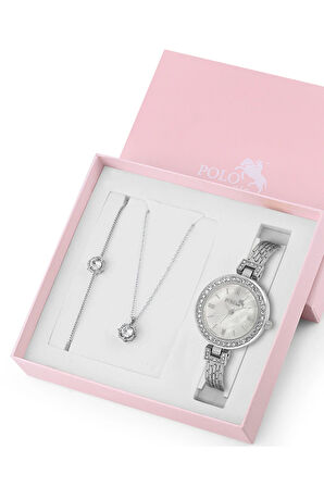 Lüx Taşlı Kadın Kol Saati Zirkon Taşlı Yuvarlak Kolye Bileklik Kombin Gümüş Renk ST-2162S2