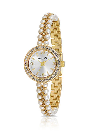İnci Taşlı Görünümlü Kadın Kol Saati Zirkon Taşlı 5 Taş Bileklik Kombin Beyaz Gold Renk PL-1528B1