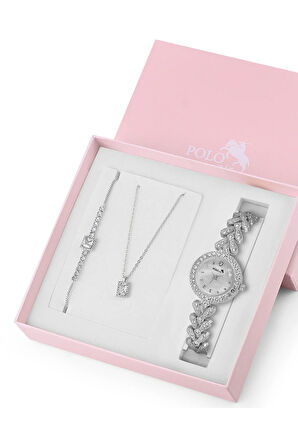 Zarif Lüx Taşlı Kol Saati Zirkon Taşlı Kare Kolye Bileklik Kombin Set Gümüş Renk ST-2166S2