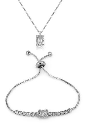 Zarif Lüx Taşlı Kol Saati Zirkon Taşlı Kare Kolye Bileklik Kombin Set Gümüş Renk ST-2166S2