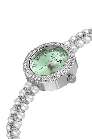 İnci Taşlı Görünümlü Kordon Kadın Kol Saati Beyaz Gümüş Yeşil Renk Pl-1528b3x