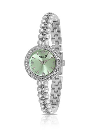 İnci Taşlı Görünümlü Kordon Kadın Kol Saati Beyaz Gümüş Yeşil Renk Pl-1528b3x