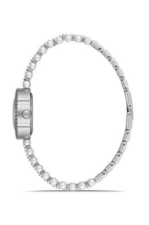 İnci Taşlı Görünümlü Kordon Kadın Kol Saati Beyaz Gümüş Yeşil Renk Pl-1528b3x