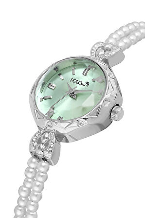 İnci Taşlı Görünümlü Kordon Kadın Kol Saati Parfüm Bordo Kutsunda Set Gümüş Yeşil Renk ST-2174S3
