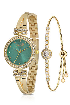 Vintage Kadın Kol Saati Zirkon Taşlı Yuvarlak Bileklik Kombin Gold Yeşil Renk PL-1534B3
