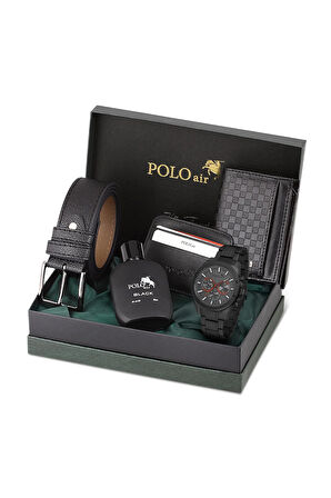 Erkek Kol Saati Dama Desen Cüzdan Kemer Kartlık Parfüm Kombin Set Siyah Renk PL-0992E1