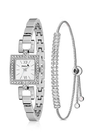 Kare Kasa Kadın Kol Saati Zirkon Taşlı Baget Bileklik Kombin Gümüş Renk PL-1544B2