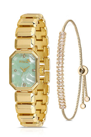 Zarif Dikdörtgen Kasa Kadın Kol Saati Zirkon Taşlı Baget Bileklik Kombin Gold Yeşil Renk PL-1532B3