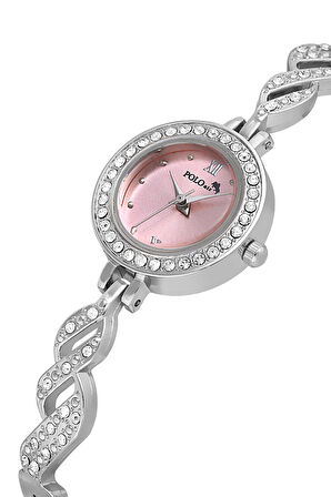 Zarif Vintage Kadın Kol Saati Zirkon Taşlı Yuvarlak Bileklik Kombin Gümüş Pembe Renk PL-1538B4